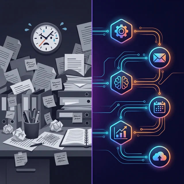 Illustration showing manual work transforming into automated workflows